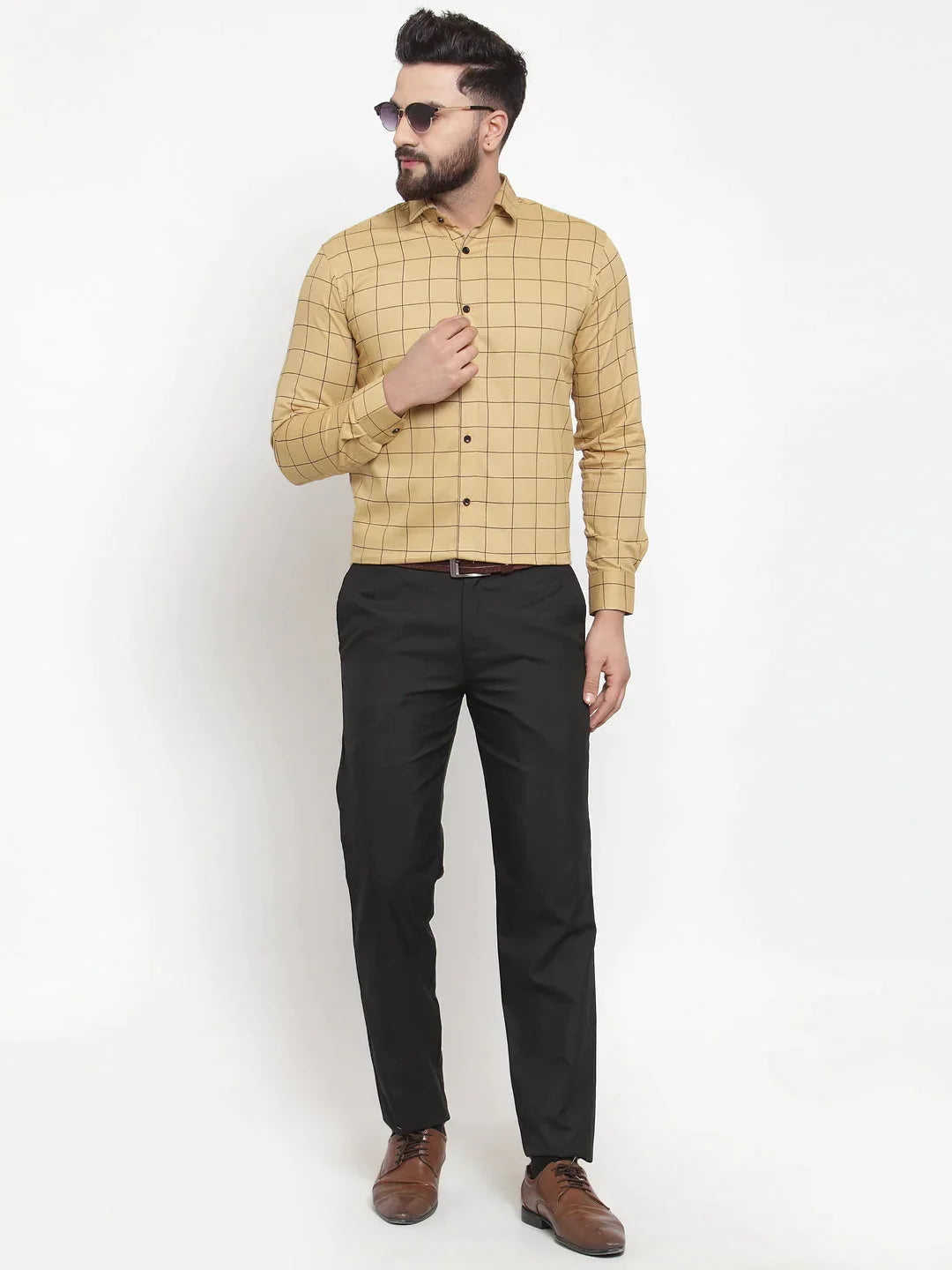 Men's Beige Cotton Checked Formal Shirts - Taantav