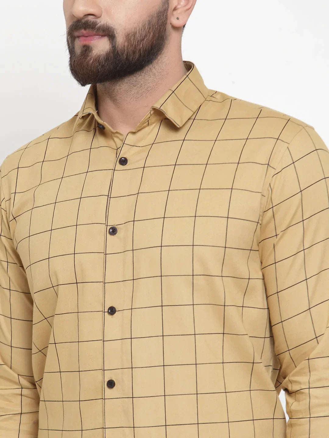 Men's Beige Cotton Checked Formal Shirts - Taantav