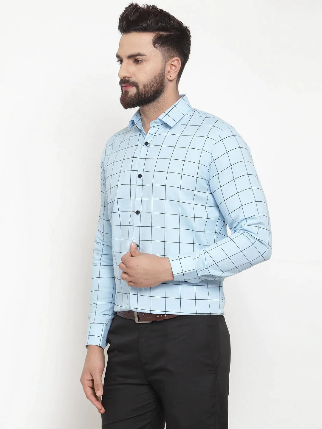 Men's Blue Cotton Checked Formal Shirts - Taantav