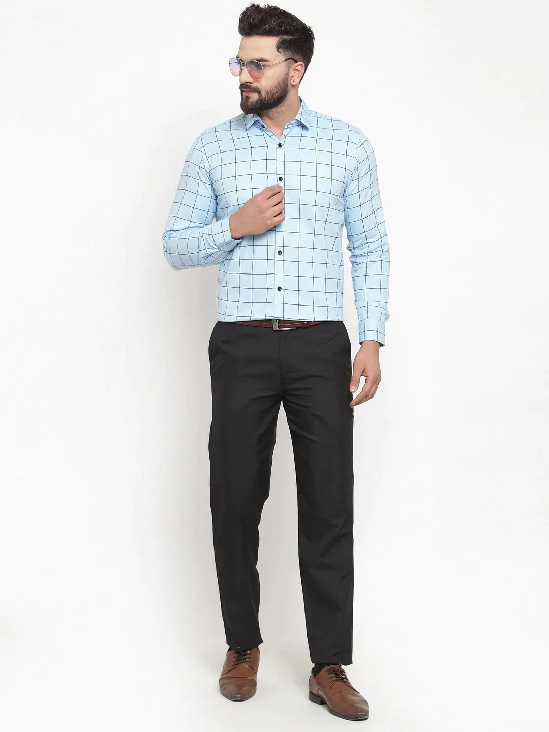 Men's Blue Cotton Checked Formal Shirts - Taantav