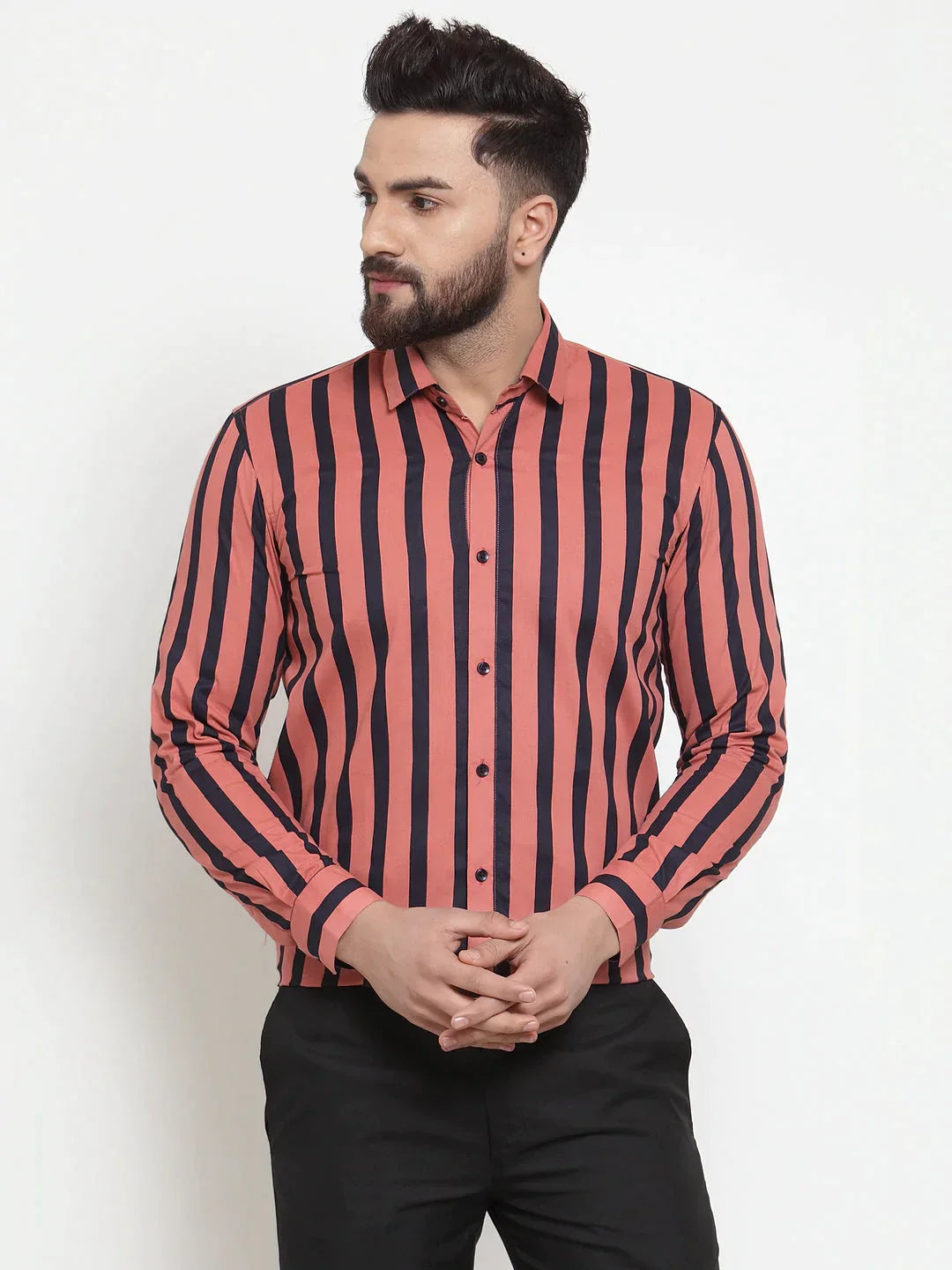 Men's Red Cotton Striped Formal Shirts - Taantav