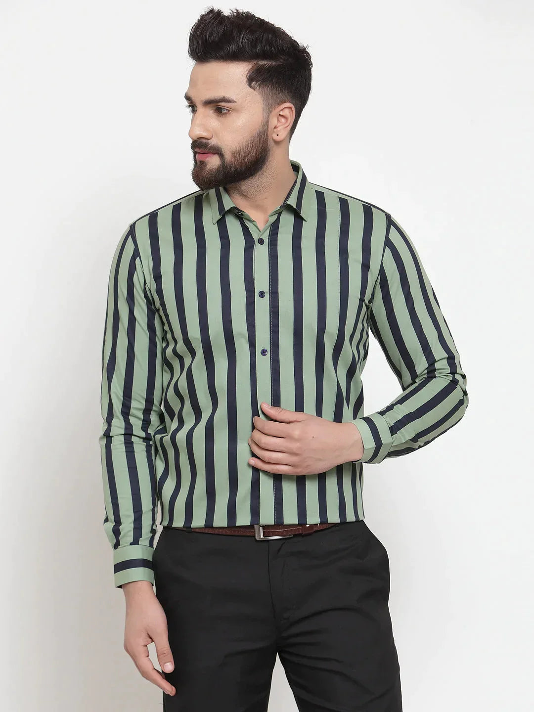 Men's Green Cotton Striped Formal Shirts - Taantav