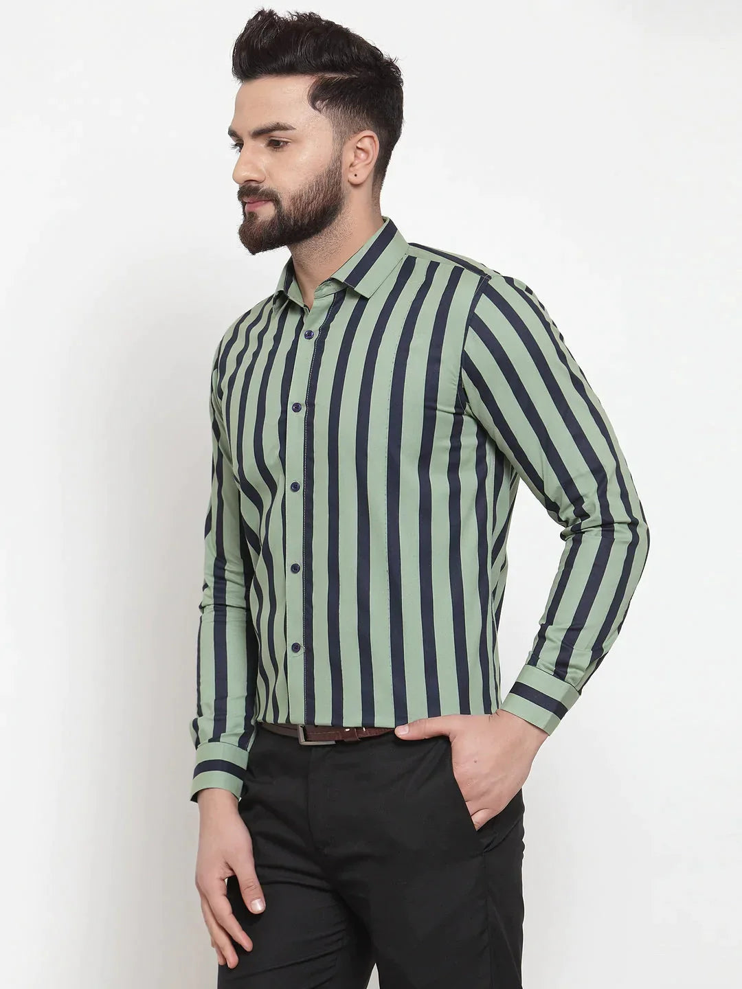 Men's Green Cotton Striped Formal Shirts - Taantav