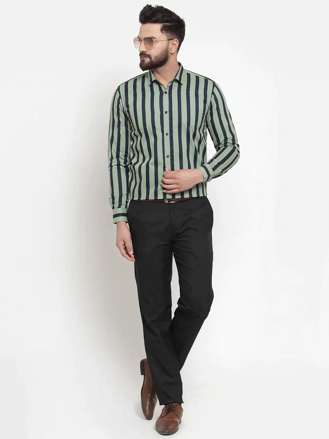 Men's Green Cotton Striped Formal Shirts - Taantav