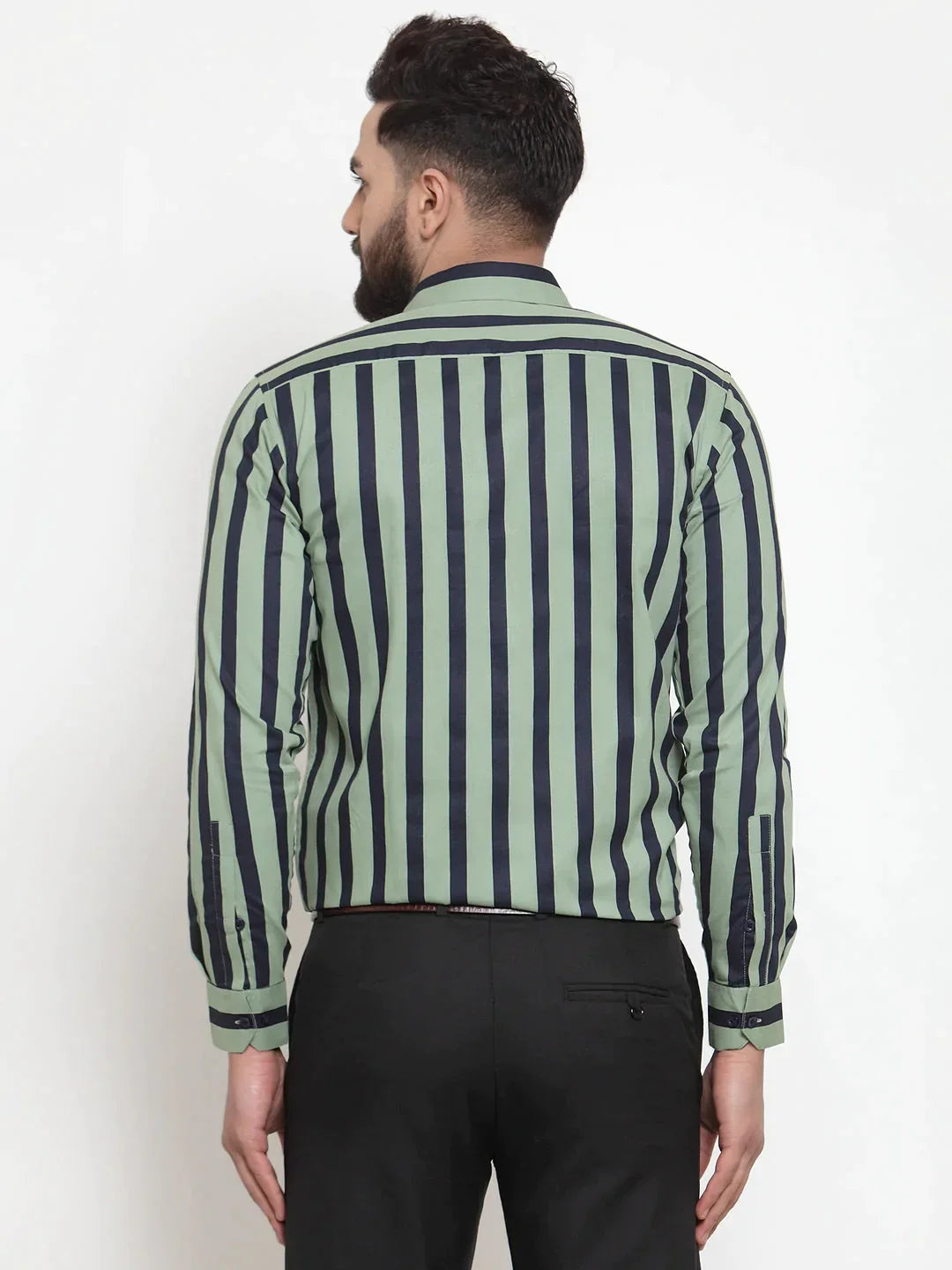 Men's Green Cotton Striped Formal Shirts - Taantav