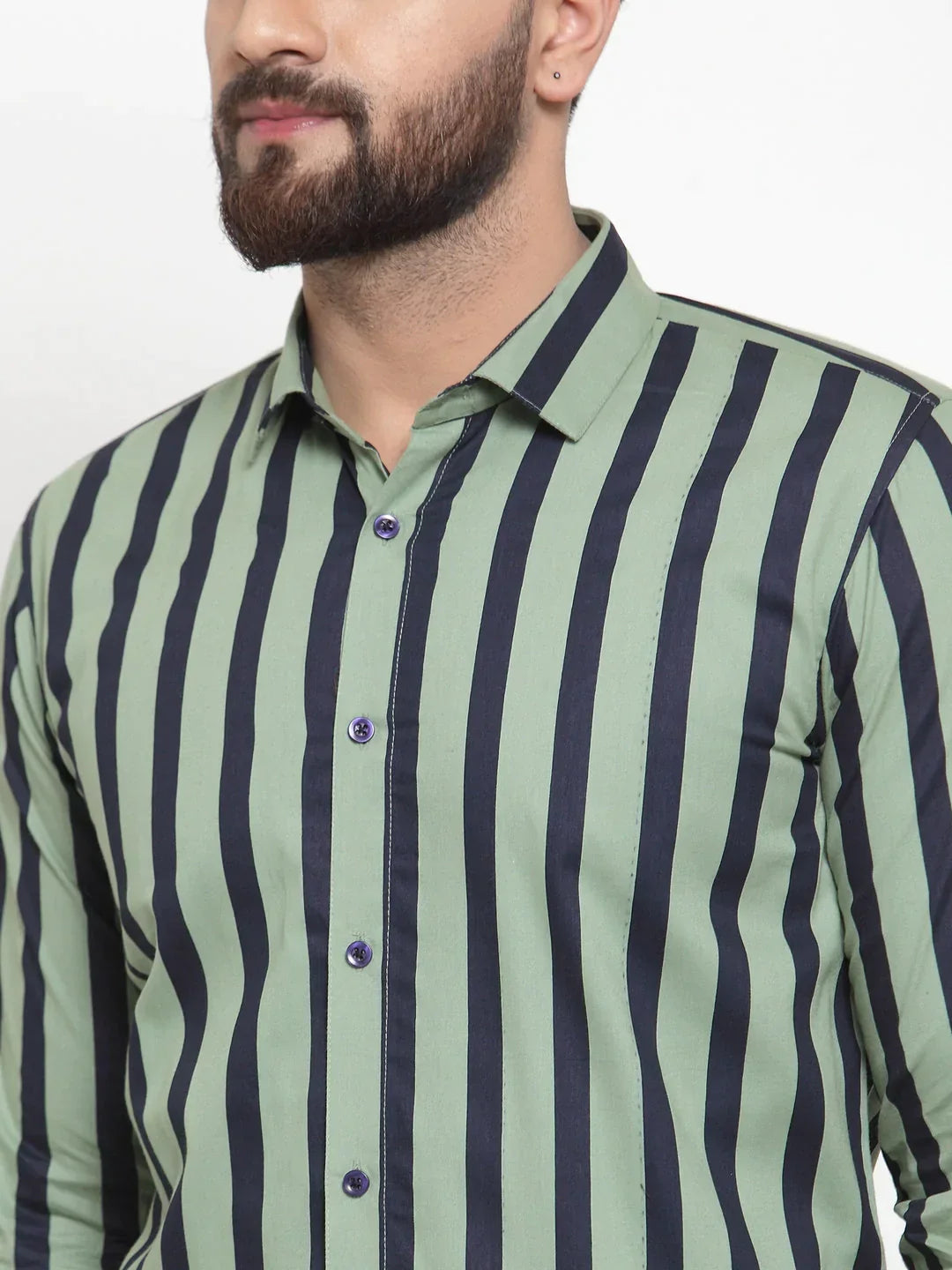 Men's Green Cotton Striped Formal Shirts - Taantav