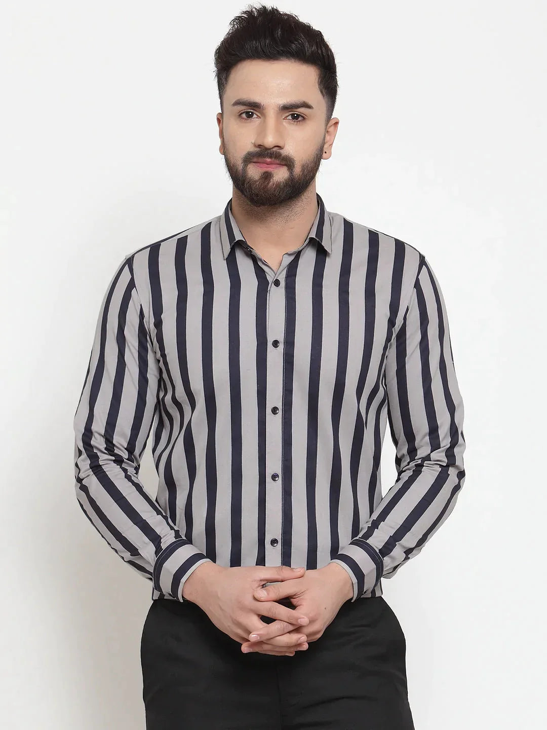 Men's Grey Cotton Striped Formal Shirts - Taantav