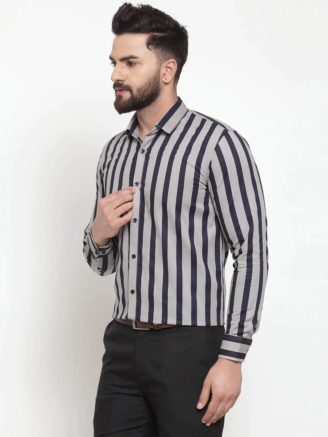 Men's Grey Cotton Striped Formal Shirts - Taantav