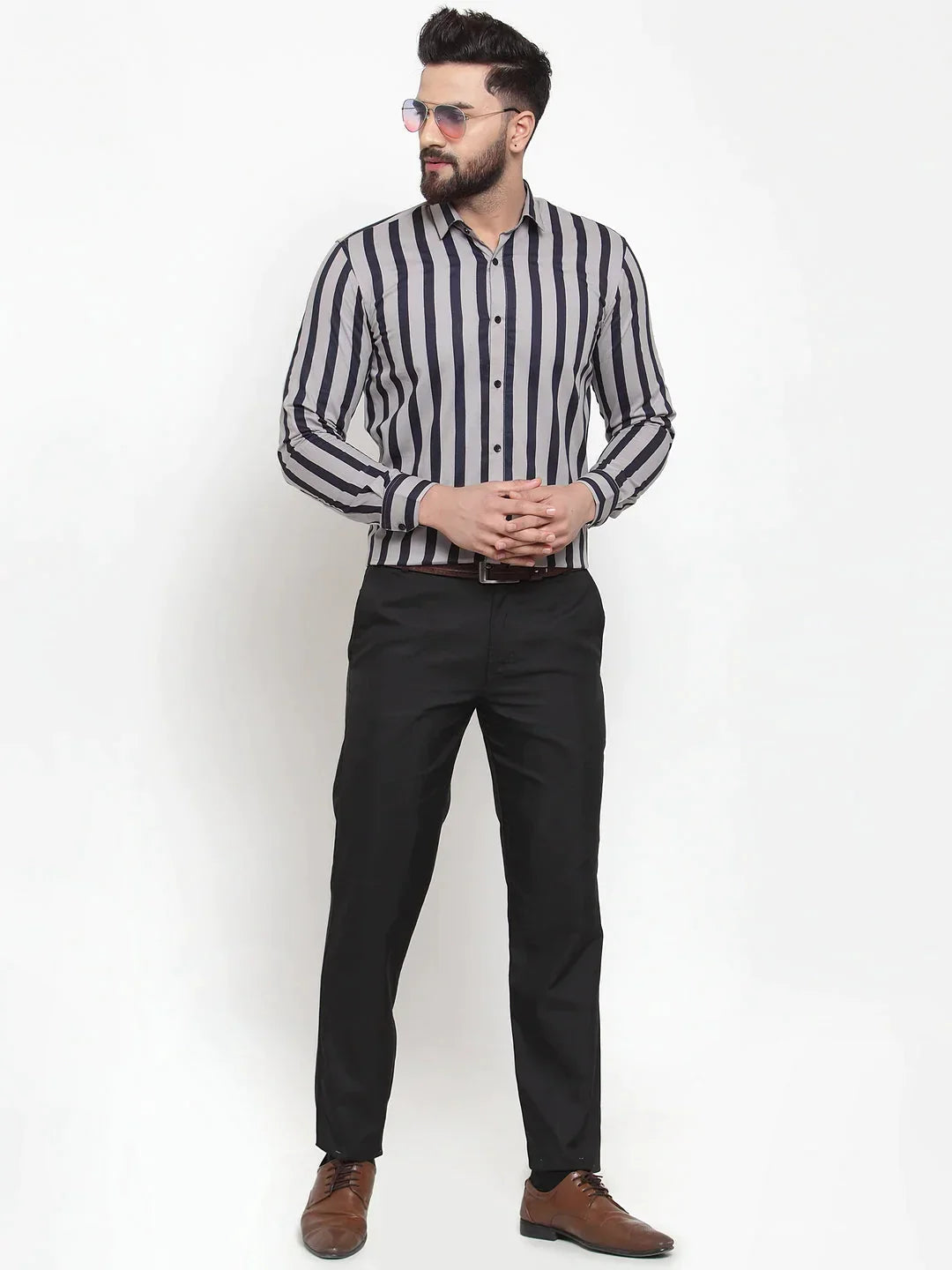 Men's Grey Cotton Striped Formal Shirts - Taantav