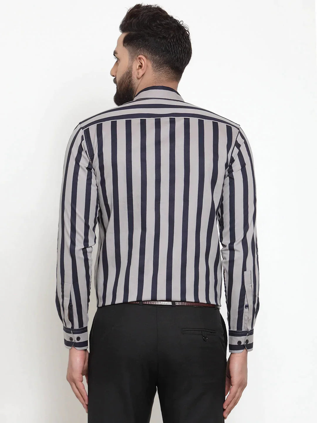 Men's Grey Cotton Striped Formal Shirts - Taantav