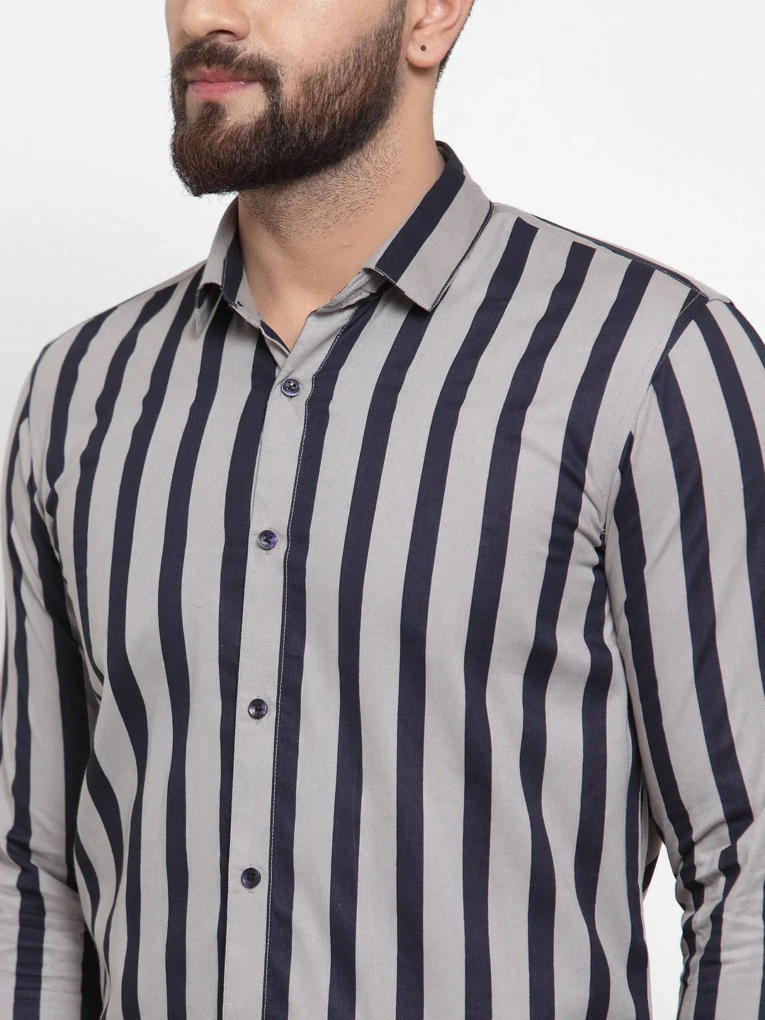 Men's Grey Cotton Striped Formal Shirts - Taantav