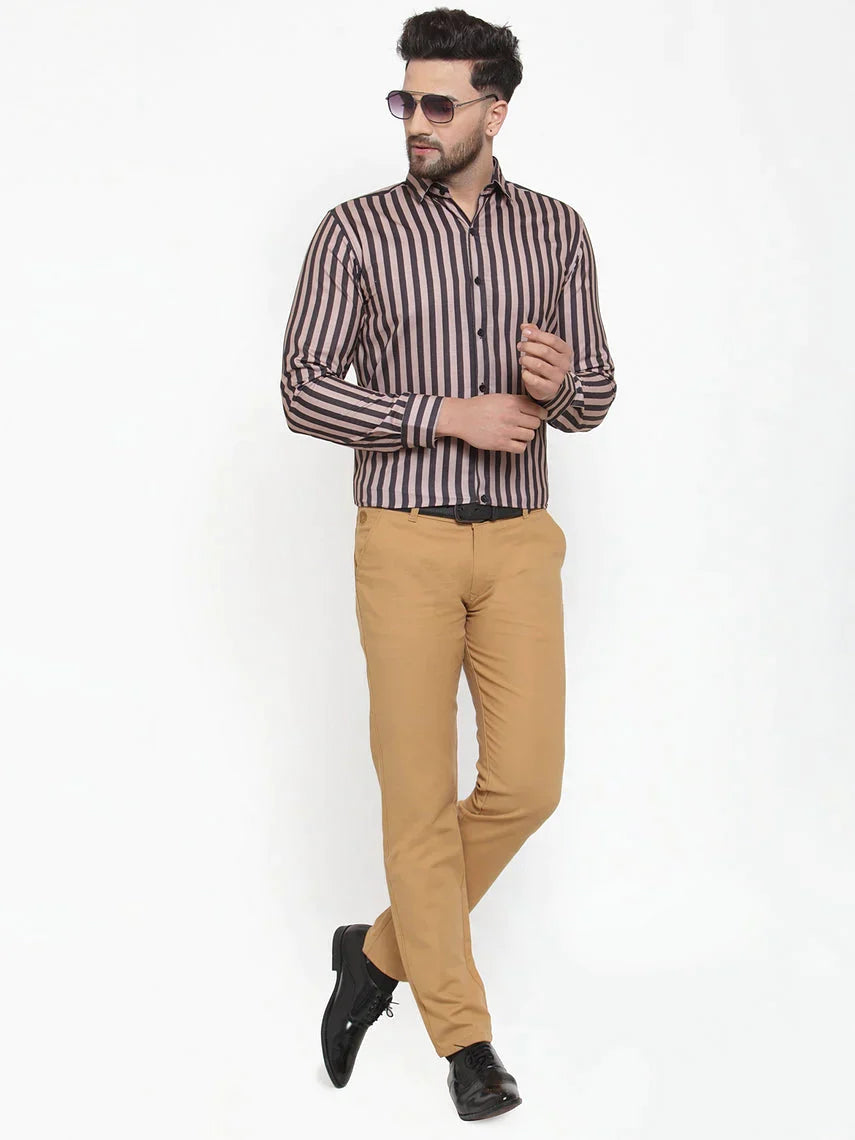 Men's Black Cotton Striped Formal Shirts - Taantav