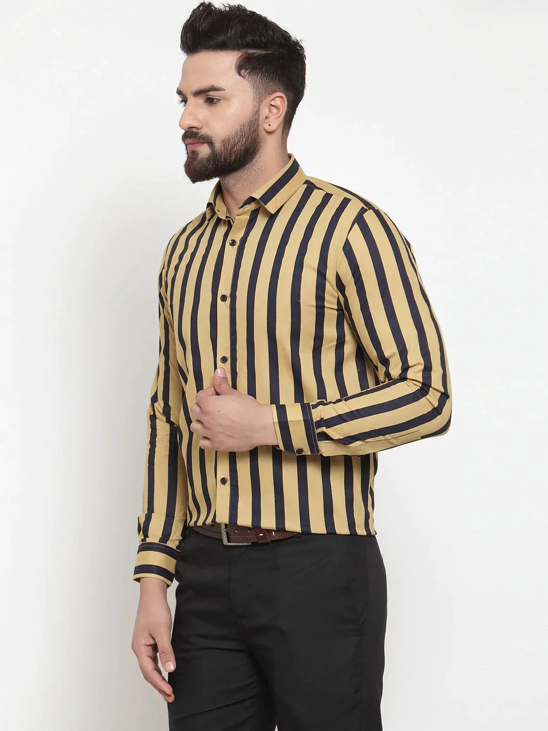 Men's Yellow Cotton Striped Formal Shirts - Taantav