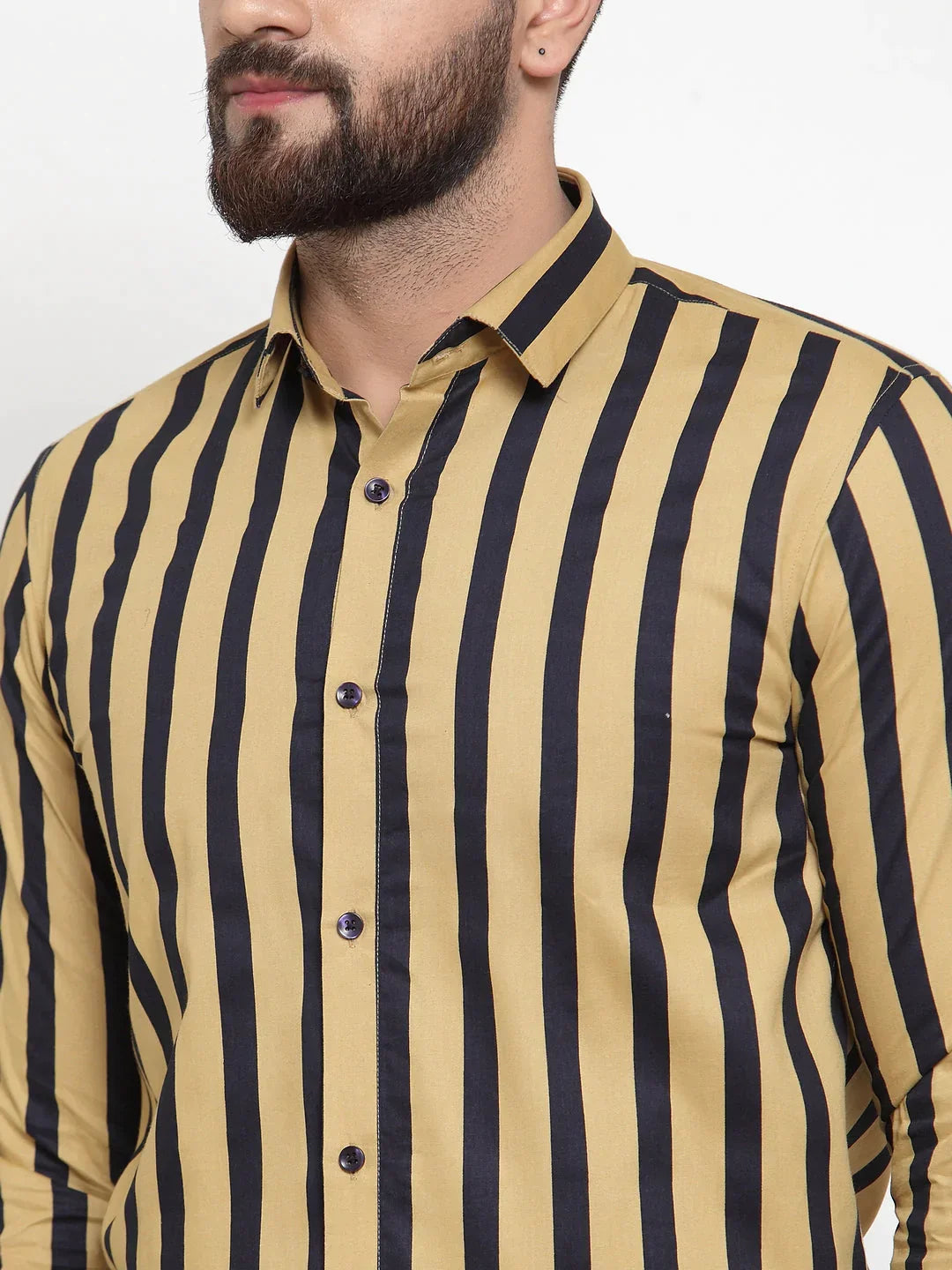 Men's Yellow Cotton Striped Formal Shirts - Taantav