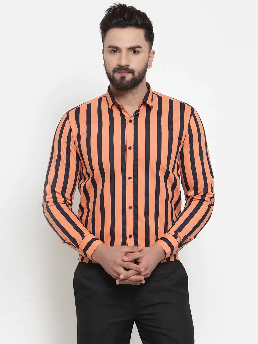 Men's Orange Cotton Striped Formal Shirts - Taantav