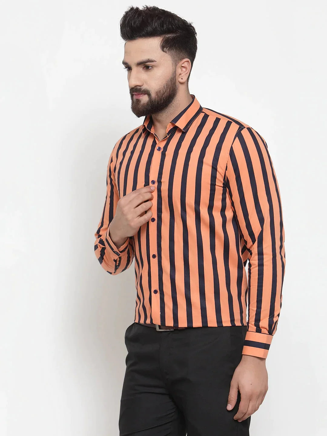 Men's Orange Cotton Striped Formal Shirts - Taantav