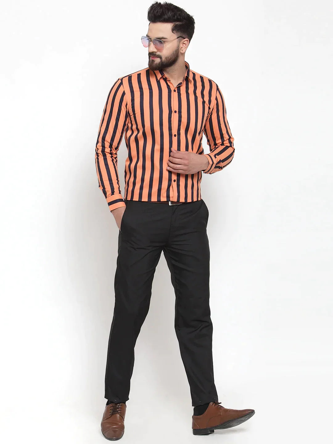 Men's Orange Cotton Striped Formal Shirts - Taantav