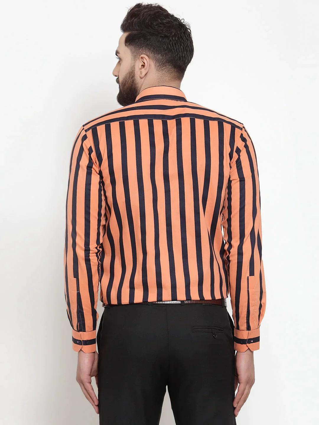 Men's Orange Cotton Striped Formal Shirts - Taantav