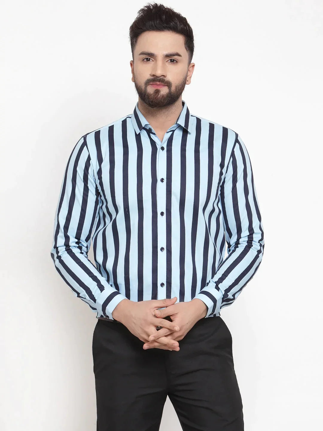 Men's Blue Cotton Striped Formal Shirts - Taantav