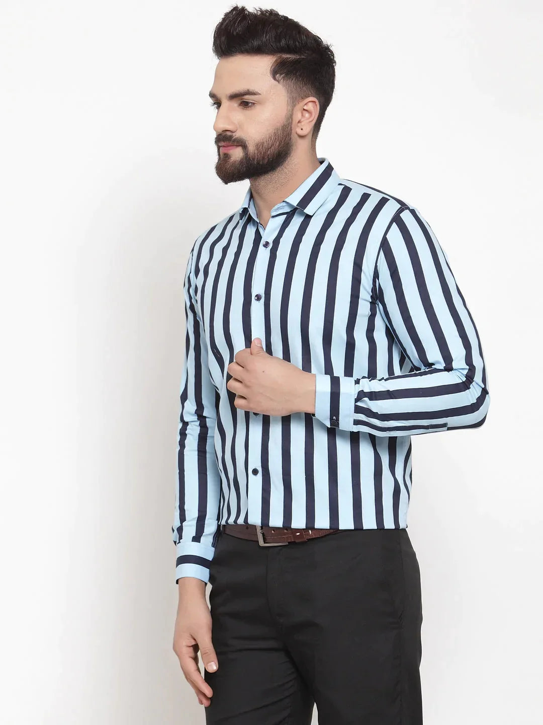 Men's Blue Cotton Striped Formal Shirts - Taantav