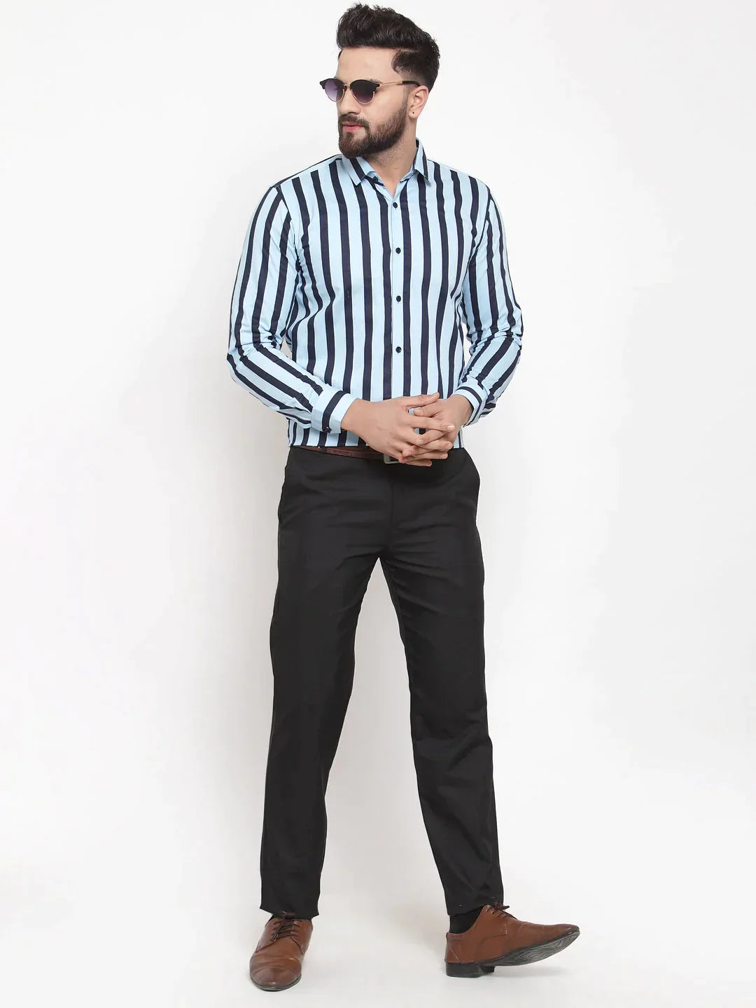 Men's Blue Cotton Striped Formal Shirts - Taantav