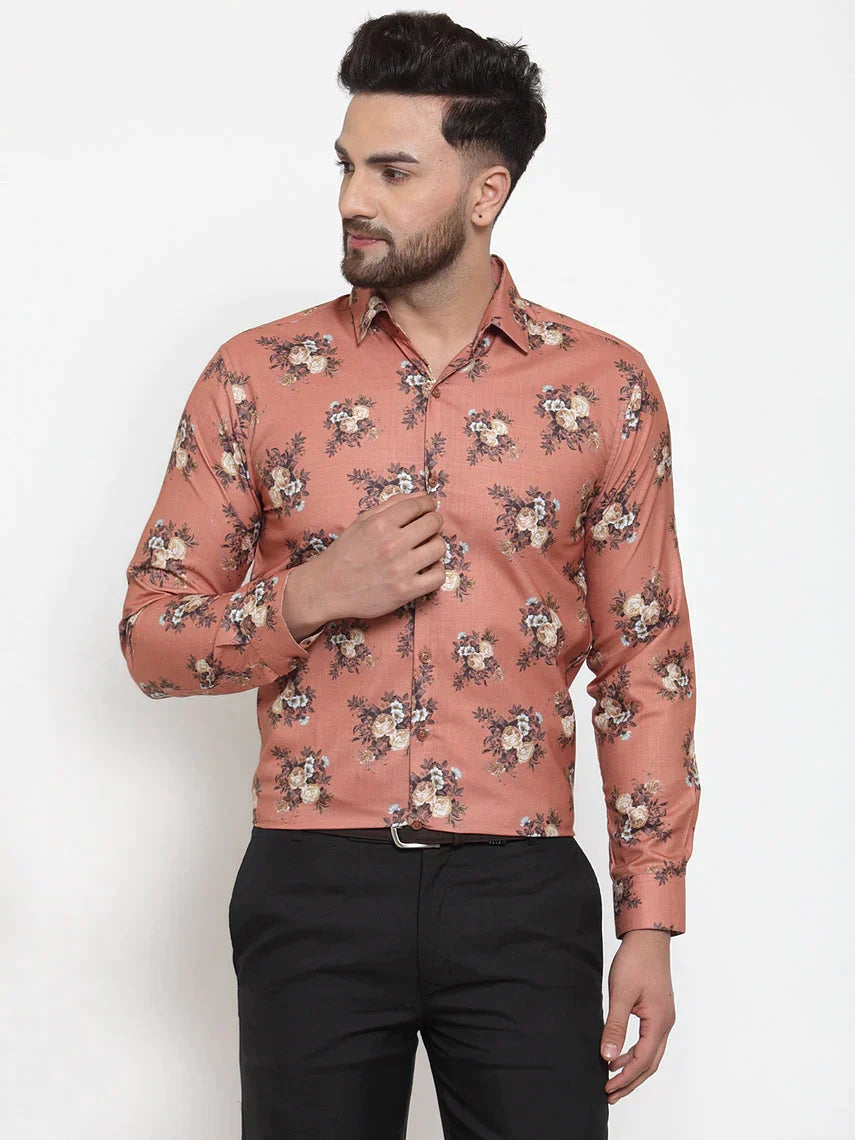 Men's Brown Cotton Printed Formal Shirt's - Taantav