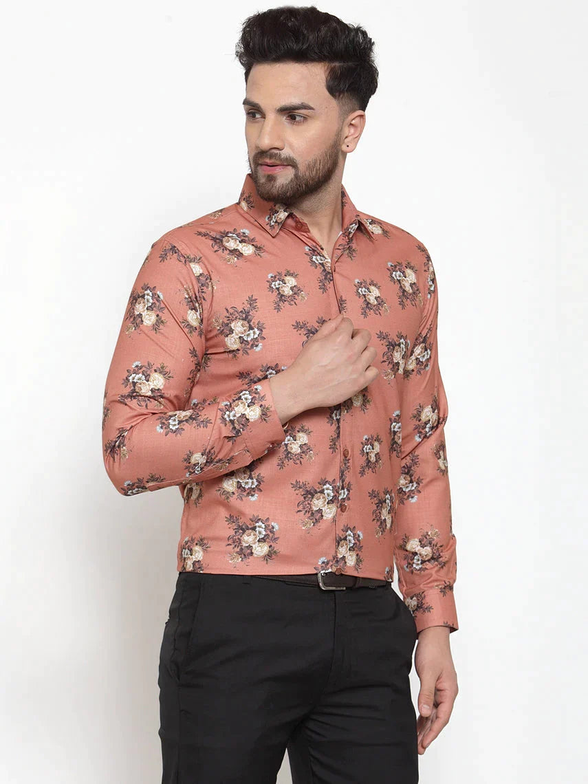 Men's Brown Cotton Printed Formal Shirt's - Taantav