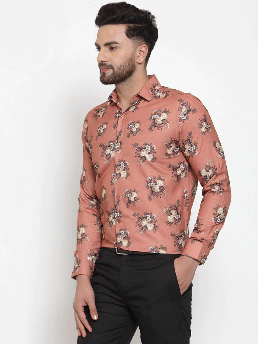 Men's Brown Cotton Printed Formal Shirt's - Taantav