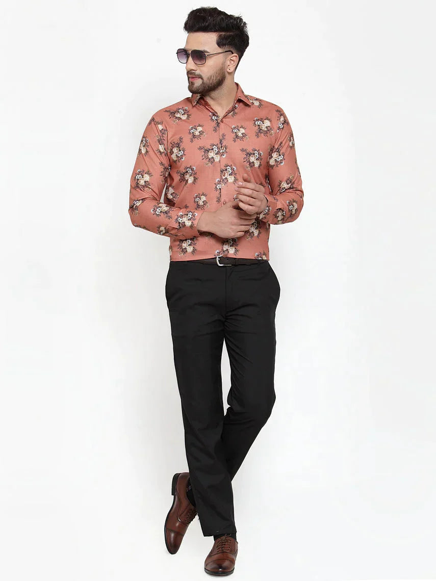 Men's Brown Cotton Printed Formal Shirt's - Taantav