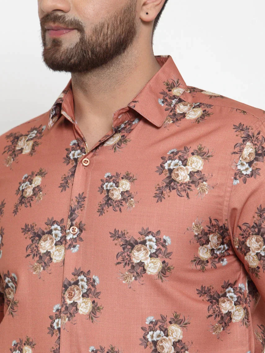 Men's Brown Cotton Printed Formal Shirt's - Taantav