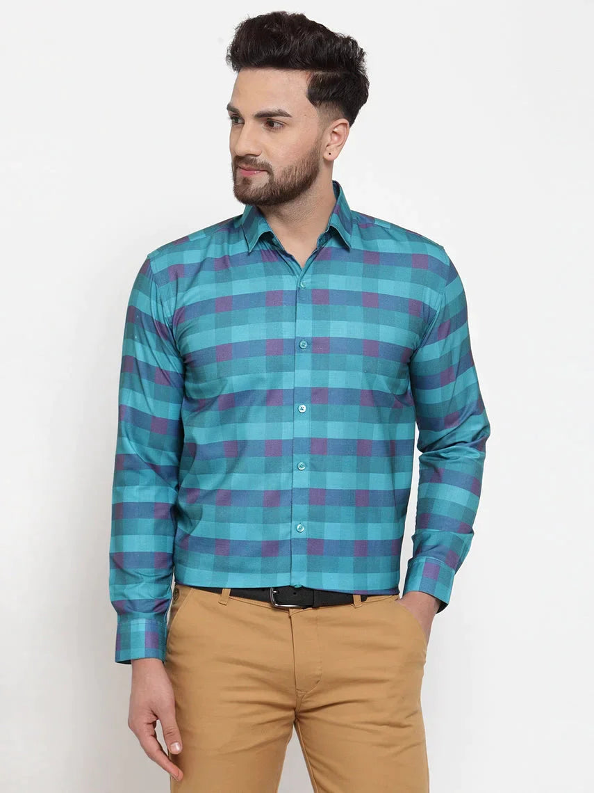 Men's Blue Cotton Checked Formal Shirt's - Taantav