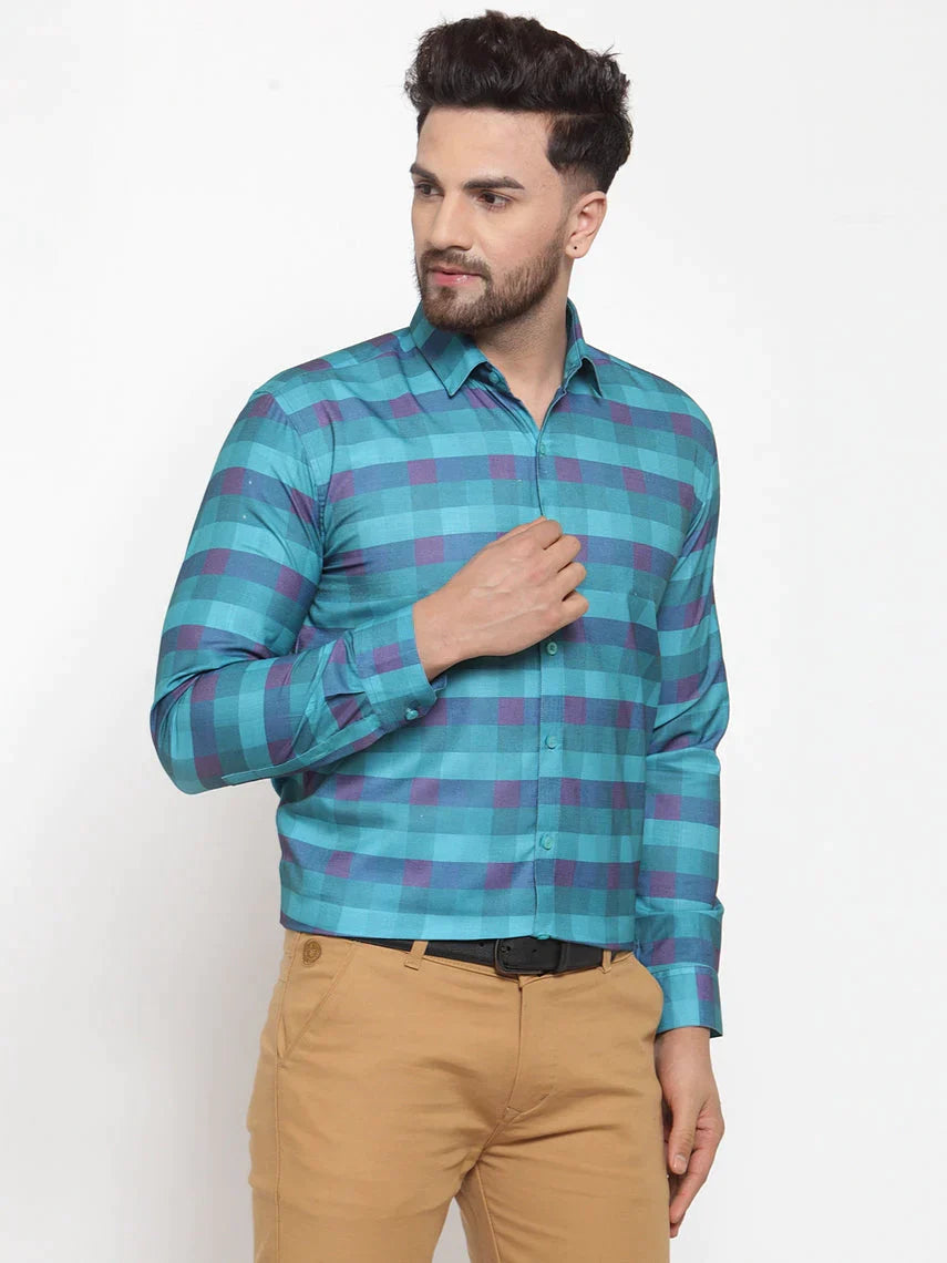 Men's Blue Cotton Checked Formal Shirt's - Taantav