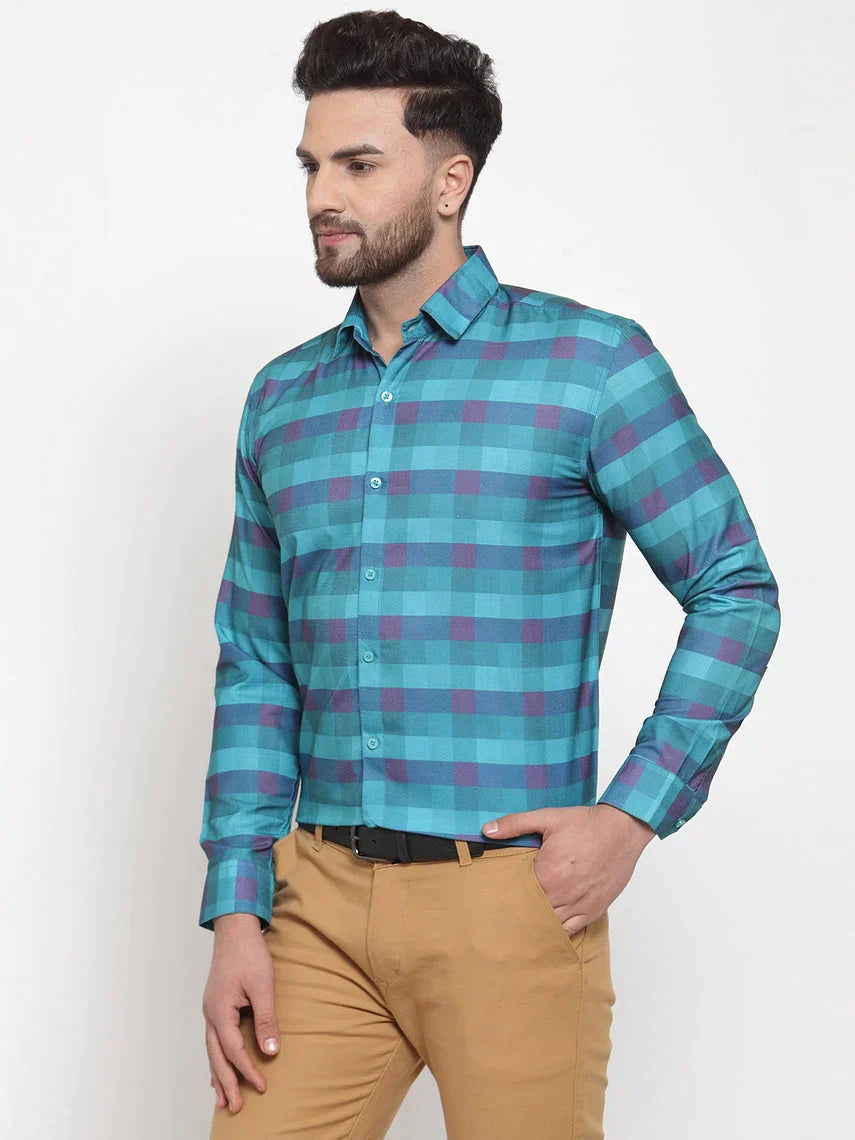 Men's Blue Cotton Checked Formal Shirt's - Taantav