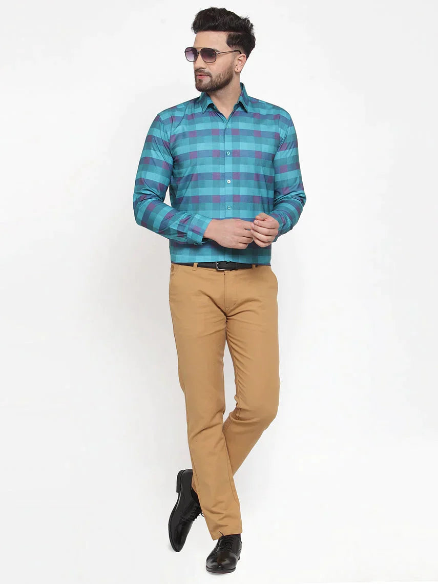 Men's Blue Cotton Checked Formal Shirt's - Taantav