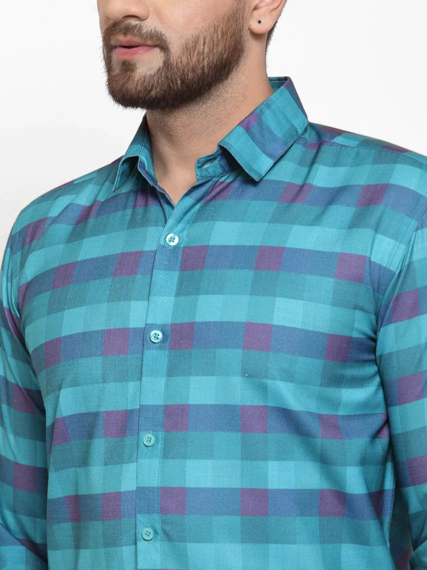 Men's Blue Cotton Checked Formal Shirt's - Taantav