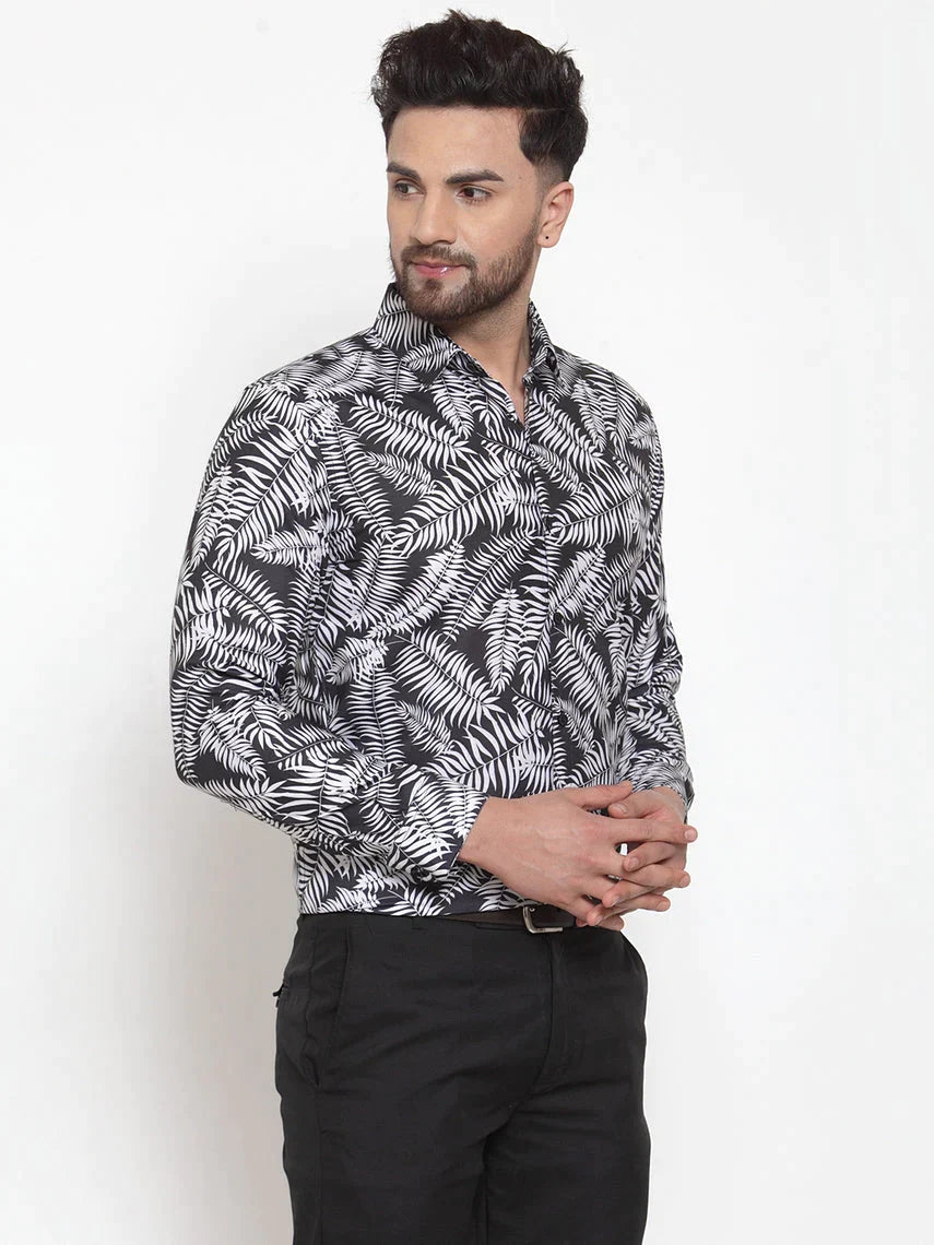 Men's Black Cotton Printed Formal Shirt's - Taantav