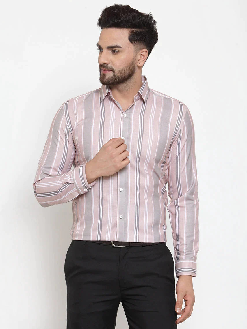 Men's Pink Cotton Striped Formal Shirt's - Taantav