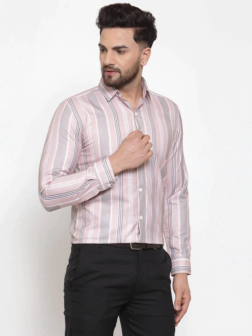 Men's Pink Cotton Striped Formal Shirt's - Taantav