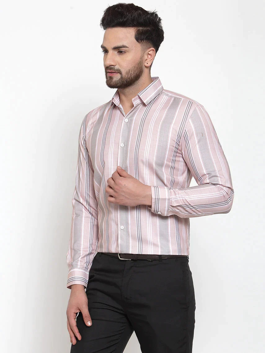 Men's Pink Cotton Striped Formal Shirt's - Taantav