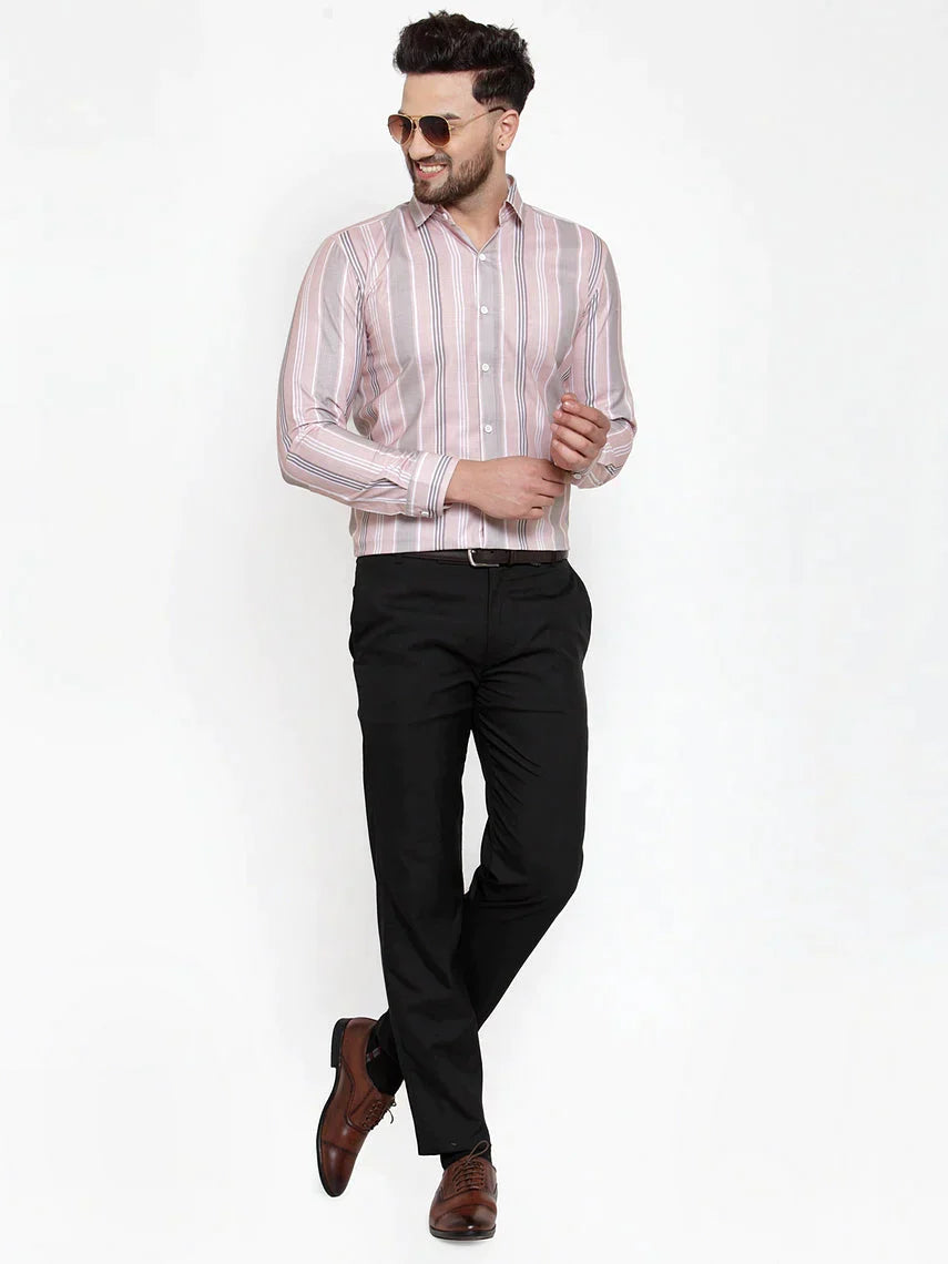 Men's Pink Cotton Striped Formal Shirt's - Taantav