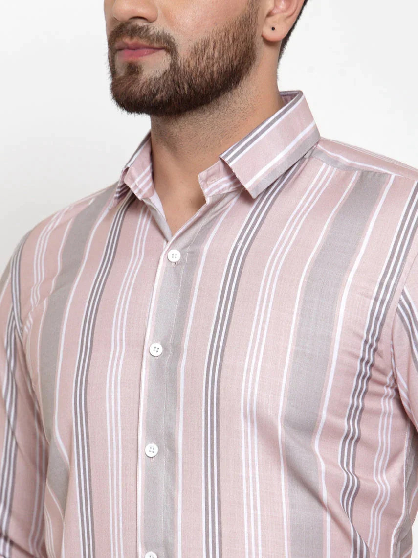 Men's Pink Cotton Striped Formal Shirt's - Taantav