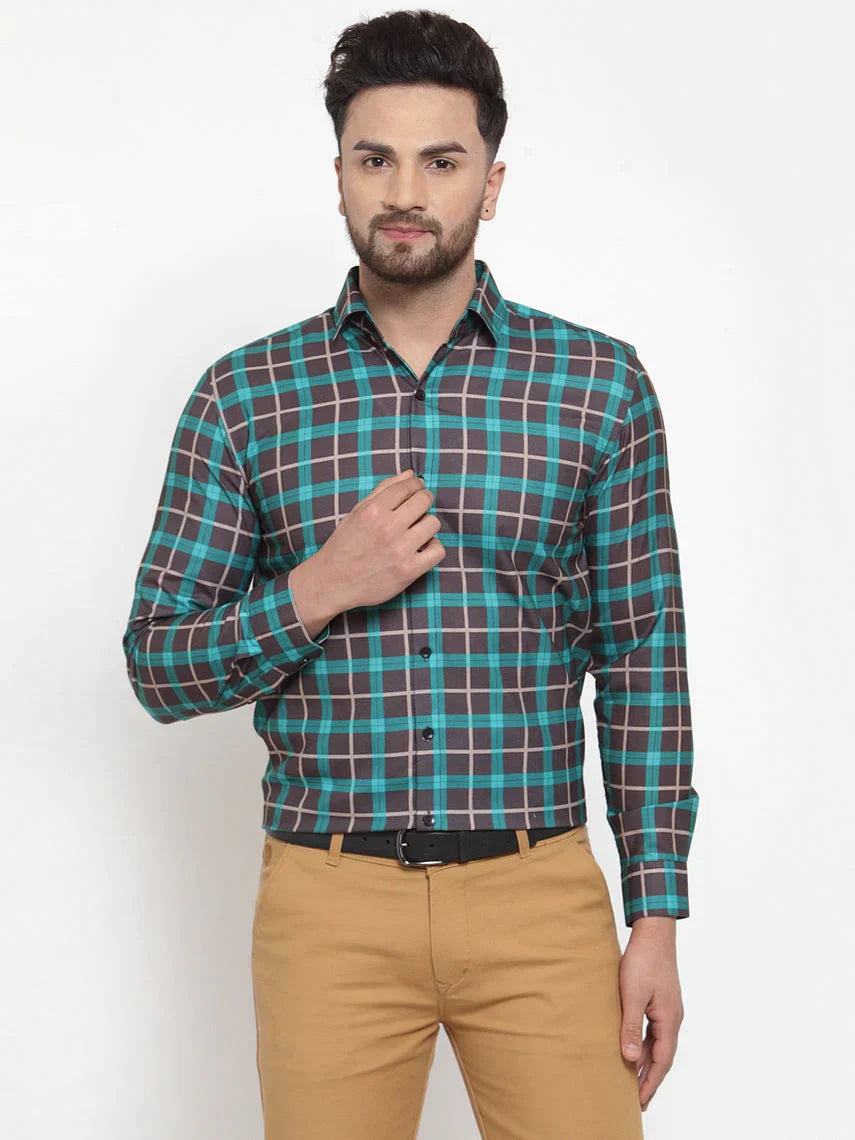 Men's Green Cotton Checked Formal Shirt's - Taantav