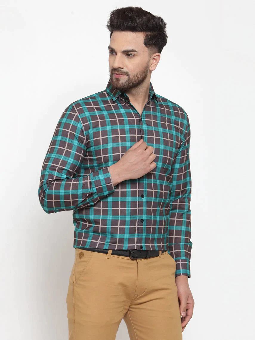 Men's Green Cotton Checked Formal Shirt's - Taantav