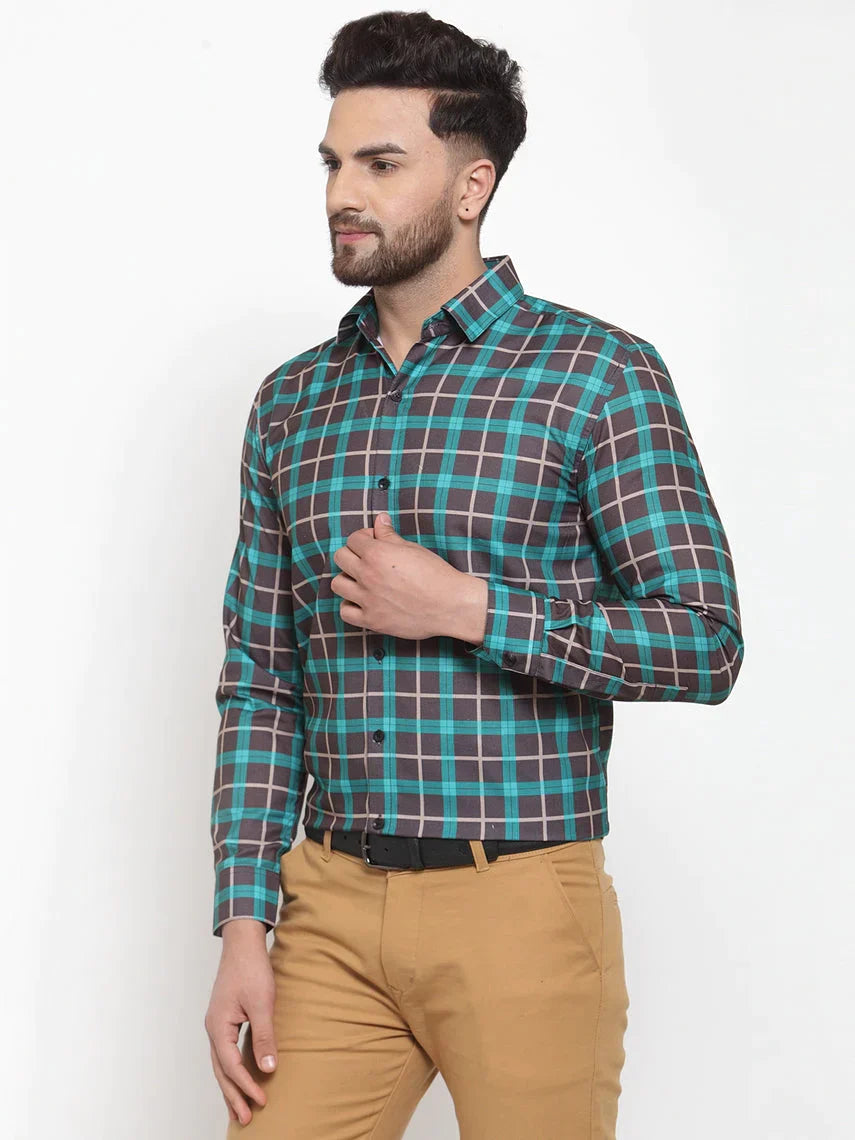 Men's Green Cotton Checked Formal Shirt's - Taantav