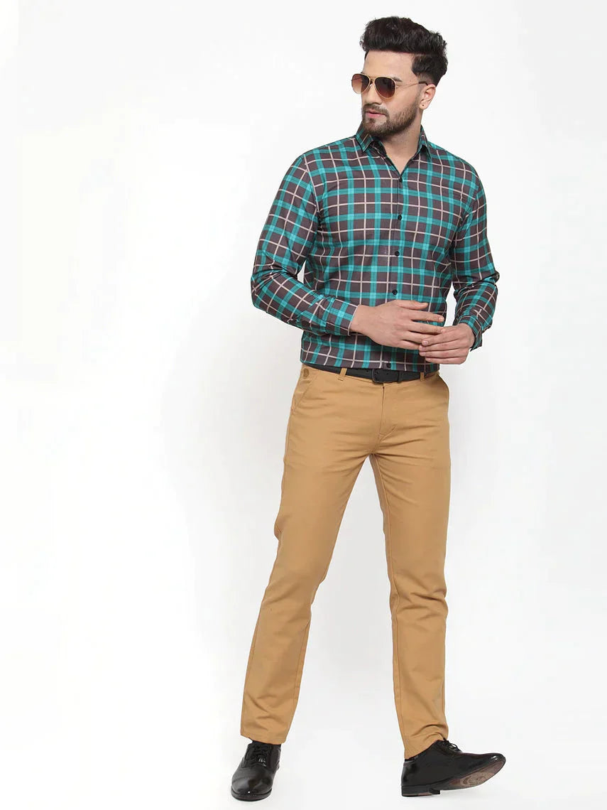 Men's Green Cotton Checked Formal Shirt's - Taantav