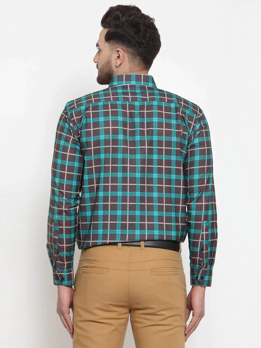 Men's Green Cotton Checked Formal Shirt's - Taantav