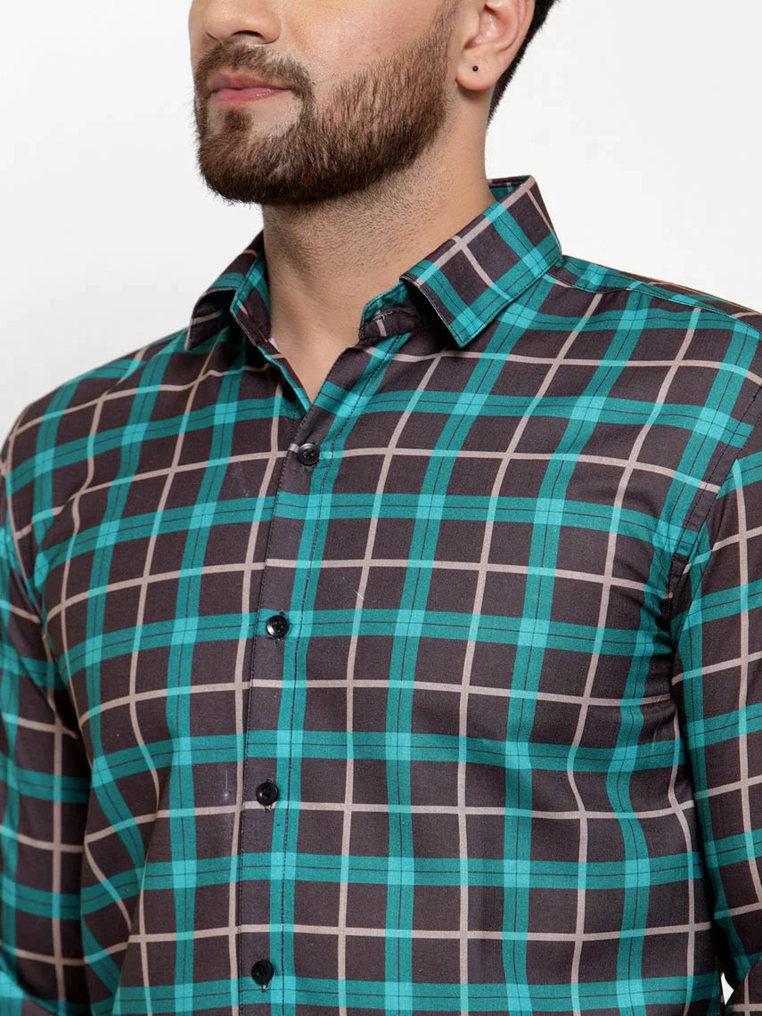 Men's Green Cotton Checked Formal Shirt's - Taantav