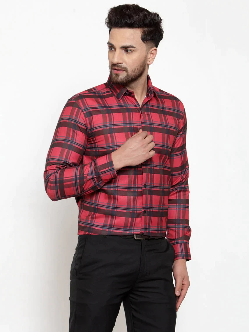 Men's Red Cotton Checked Formal Shirt's - Taantav