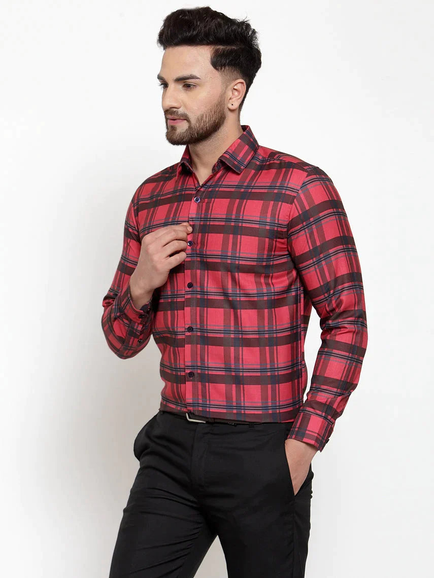 Men's Red Cotton Checked Formal Shirt's - Taantav