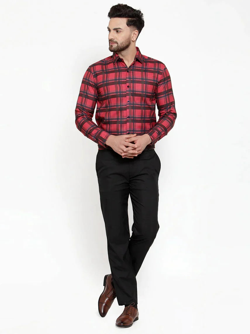 Men's Red Cotton Checked Formal Shirt's - Taantav